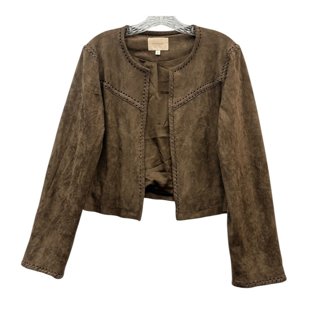Skies Are Blue Faux Suede Brown Fringe Blazer Cropped Western Boho Jacket Chic M